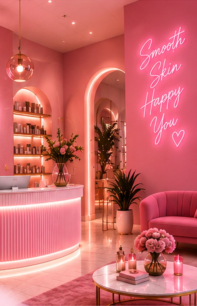 Pinke Studio-Rezeption mit beleuchteter Theke, Neonschrift „Smooth Skin Happy You“ und Rosen
