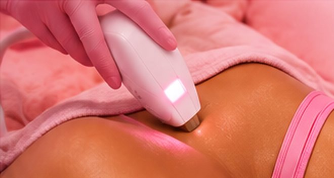 Behandlerin mit Handschuhen hält ein Laser-Handstück in einem pinken Behandlungsraum